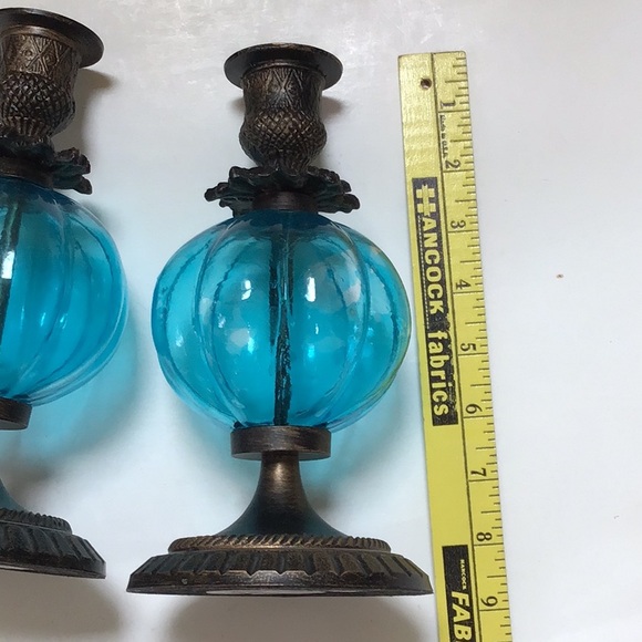 Pier 1 Blue Glass & Antique Brass Vintage Look Candlestick Set - Picture 7 of 10